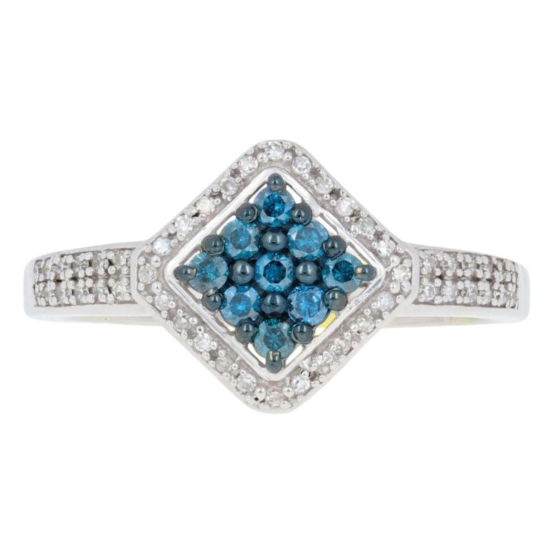 Anillo de diamantes de plata de ley, 925 Brillante redondo .33ctw Halo de racimo azul