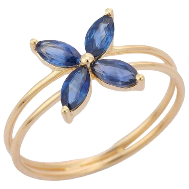14k Solid Yellow Gold Minimal Blue Sapphire Flower Ring For Sale