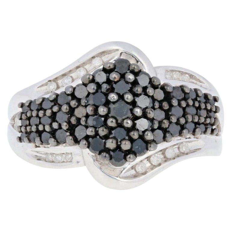 New 1.00ctw Single Cut Black & White Diamond Ring, Silver Cluster Bypass For Sale