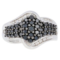 New 1.00ctw Single Cut Black & White Diamond Ring, Silver Cluster Bypass