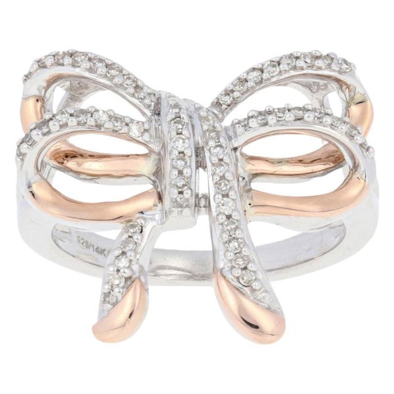 New .20ctw Single Cut Diamond Ring, Sterling Silver & 14k Rose Gold Bow Design For Sale