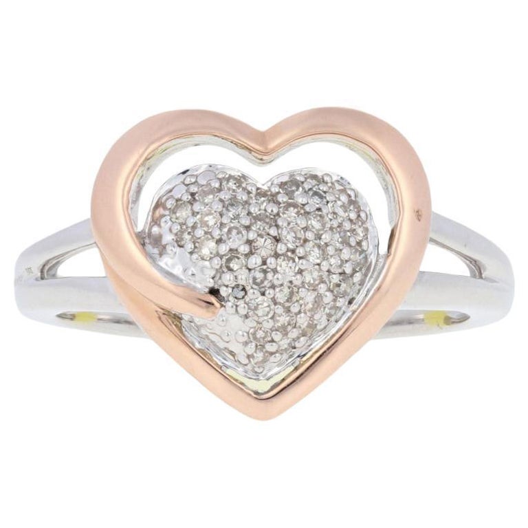 Sterling Silver & Rose Gold Diamond Ring 925 & 14k Single .20ctw Cluster Heart For Sale