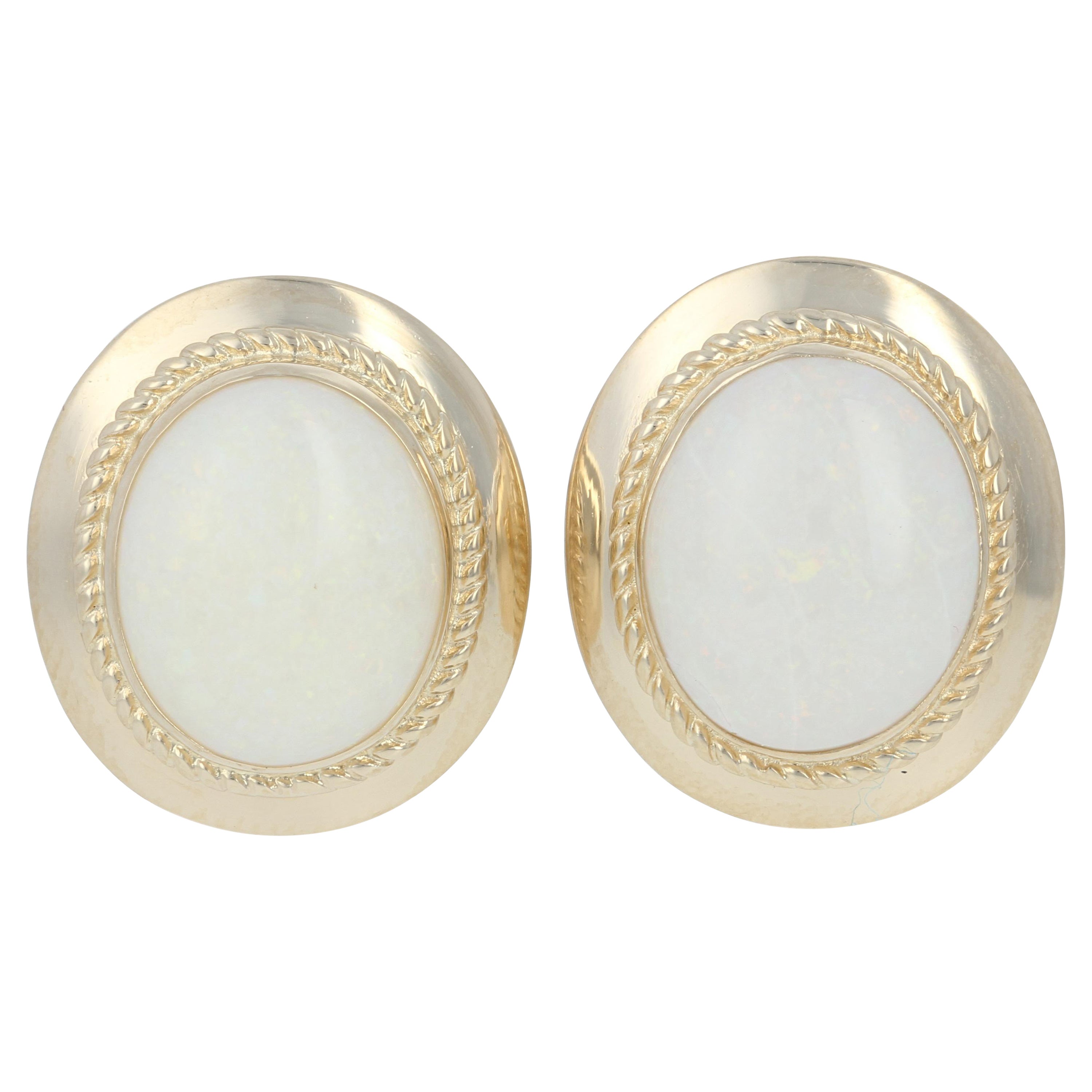 Yellow Gold Opal Large Stud Earrings, 14k Oval Cabochon Cut 6.20ctw Non-Pierced For Sale