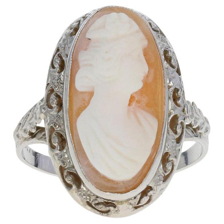 White Gold Carved Shell Art Deco Cameo Ring, 14k Vintage Silhouette For Sale