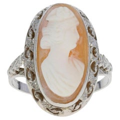 White Gold Carved Shell Art Deco Cameo Ring, 14k Retro Silhouette