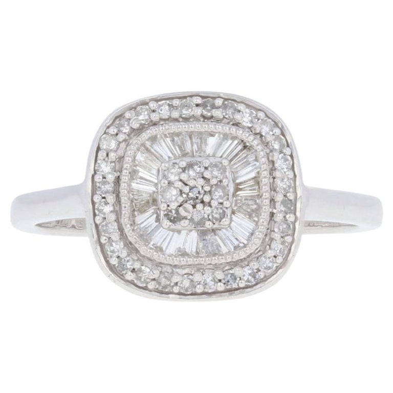 New .33ctw Single & Baguette Cut Diamond Ring, Silver Cluster Double Halo For Sale