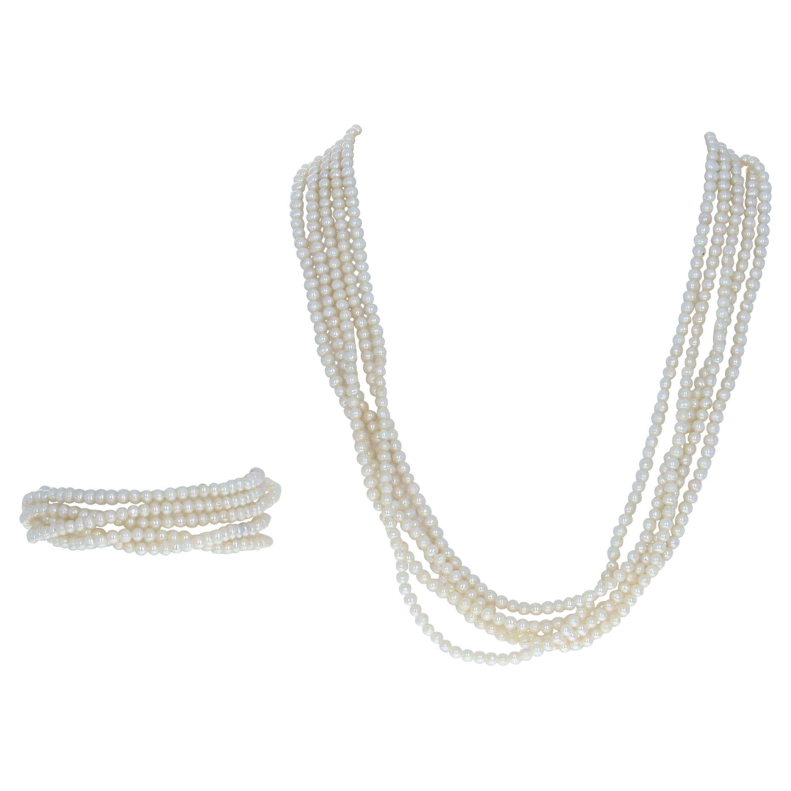 Yellow Gold Cultured Pearl Bracelet & Necklace Set, 14k Five-Strand Toggle For Sale