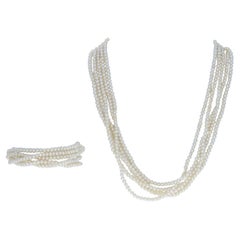 Vintage Yellow Gold Cultured Pearl Bracelet & Necklace Set, 14k Five-Strand Toggle