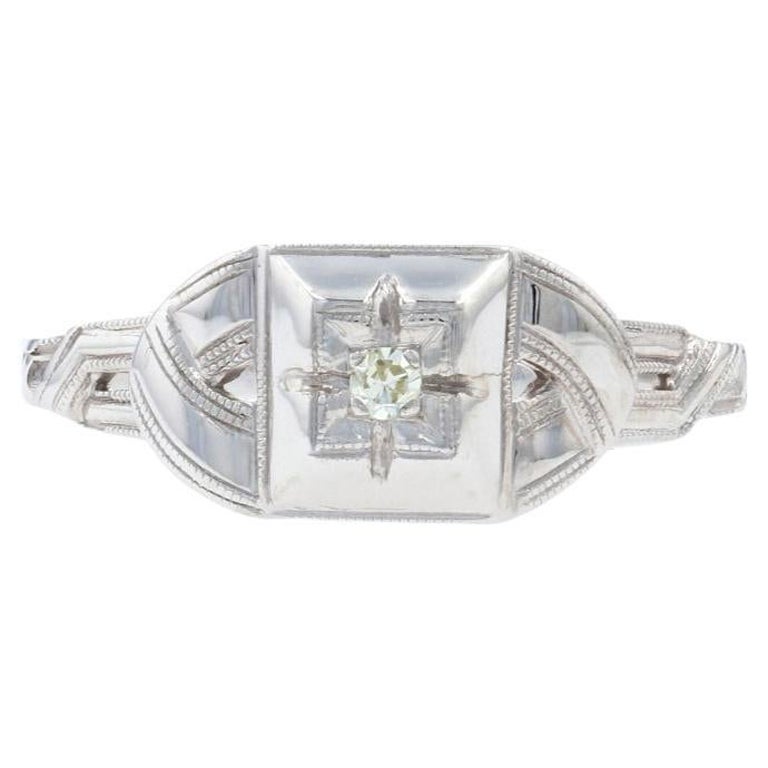 White Gold Diamond Art Deco Solitaire Ring, 14k Single Cut Milgrain Engagement For Sale