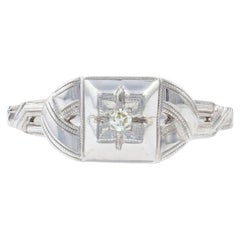 Retro White Gold Diamond Art Deco Solitaire Ring, 14k Single Cut Milgrain Engagement