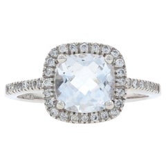 White Gold Quartz & Diamond Halo Ring, 14k Square Cushion 1.45ctw Engagement