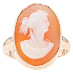 Yellow Gold Carved Shell Cameo Vintage Solitaire Ring, 10k Women's Silhouette