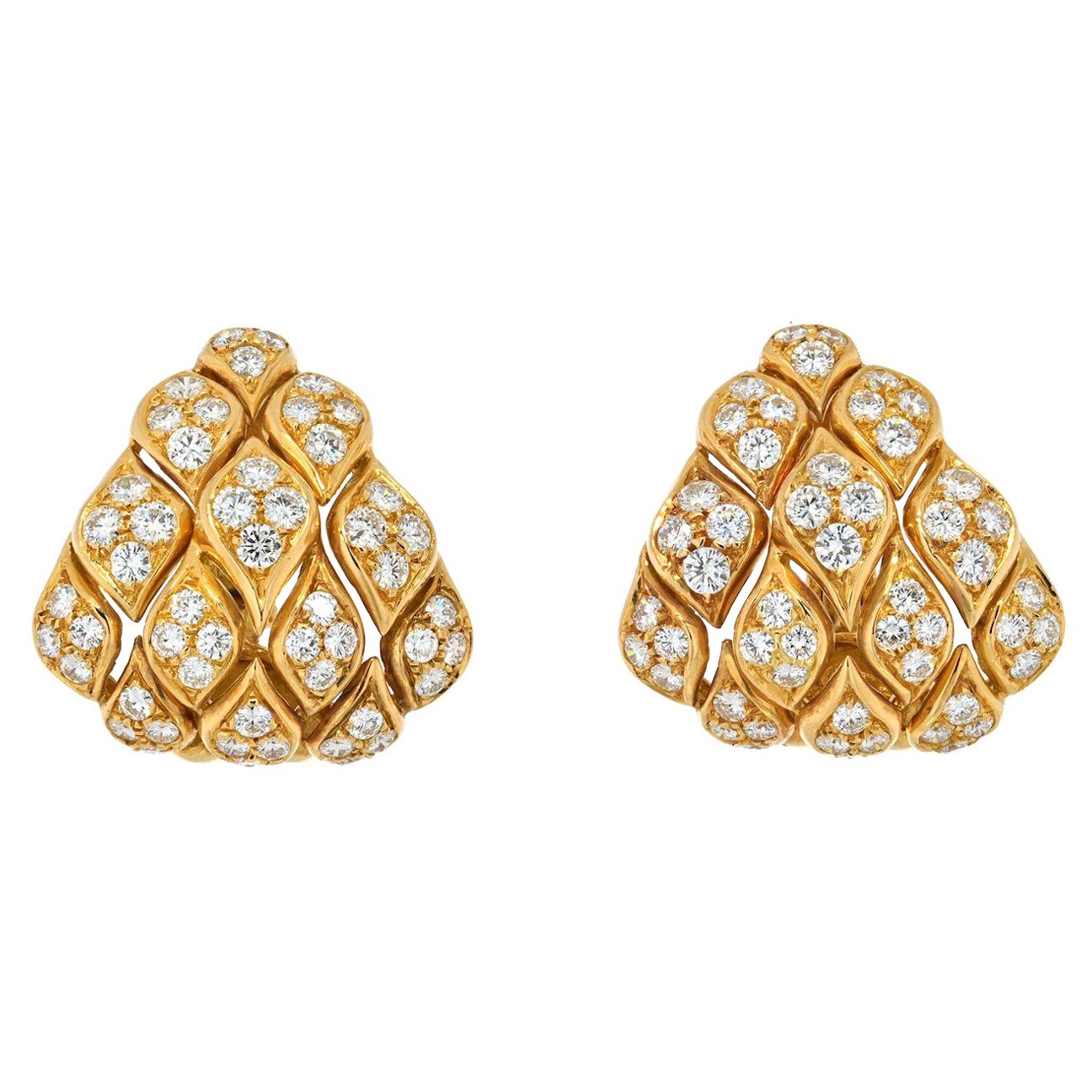 18K Yellow Gold Pyramid Pave 8 Carat Diamond Set Clip Earrings For Sale