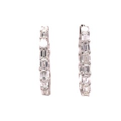 18K Emerald Diamond Elongated In/Out Hoop Earrings White Gold