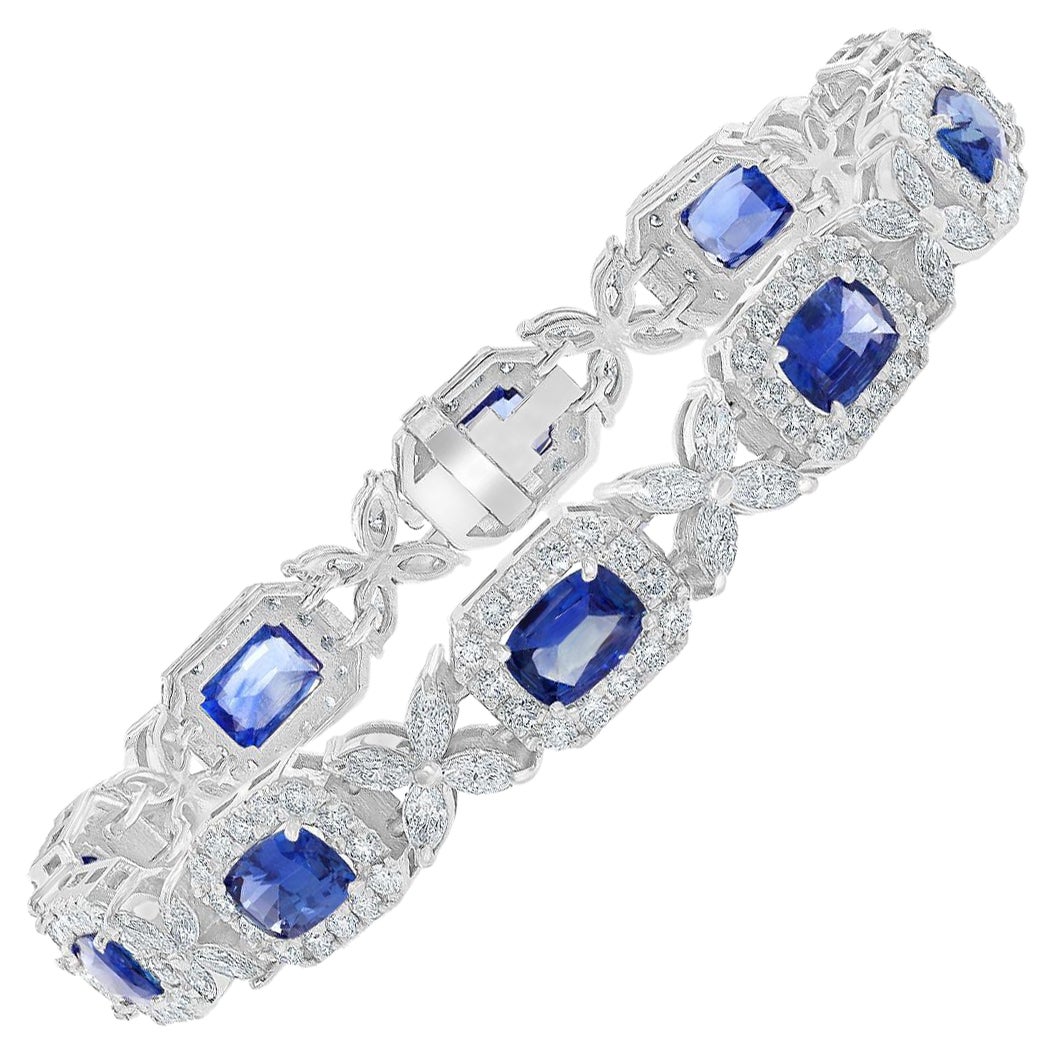 10.47 Carat Cushion cut Sapphire and Diamond Bracelet in 14K White Gold For Sale