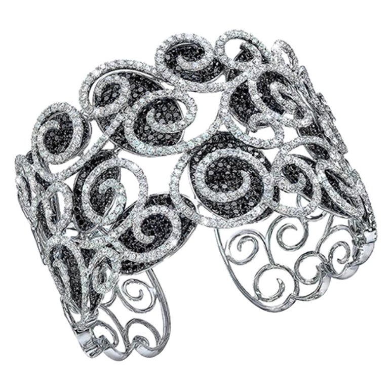 18KT WG 12.00Ct. Black and 9.12 Ct. White Diamond Cuff Bracelet For Sale