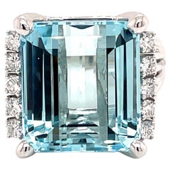 Vintage 1960's 17ct Emerald Cut Aquamarine Ring with Diamonds