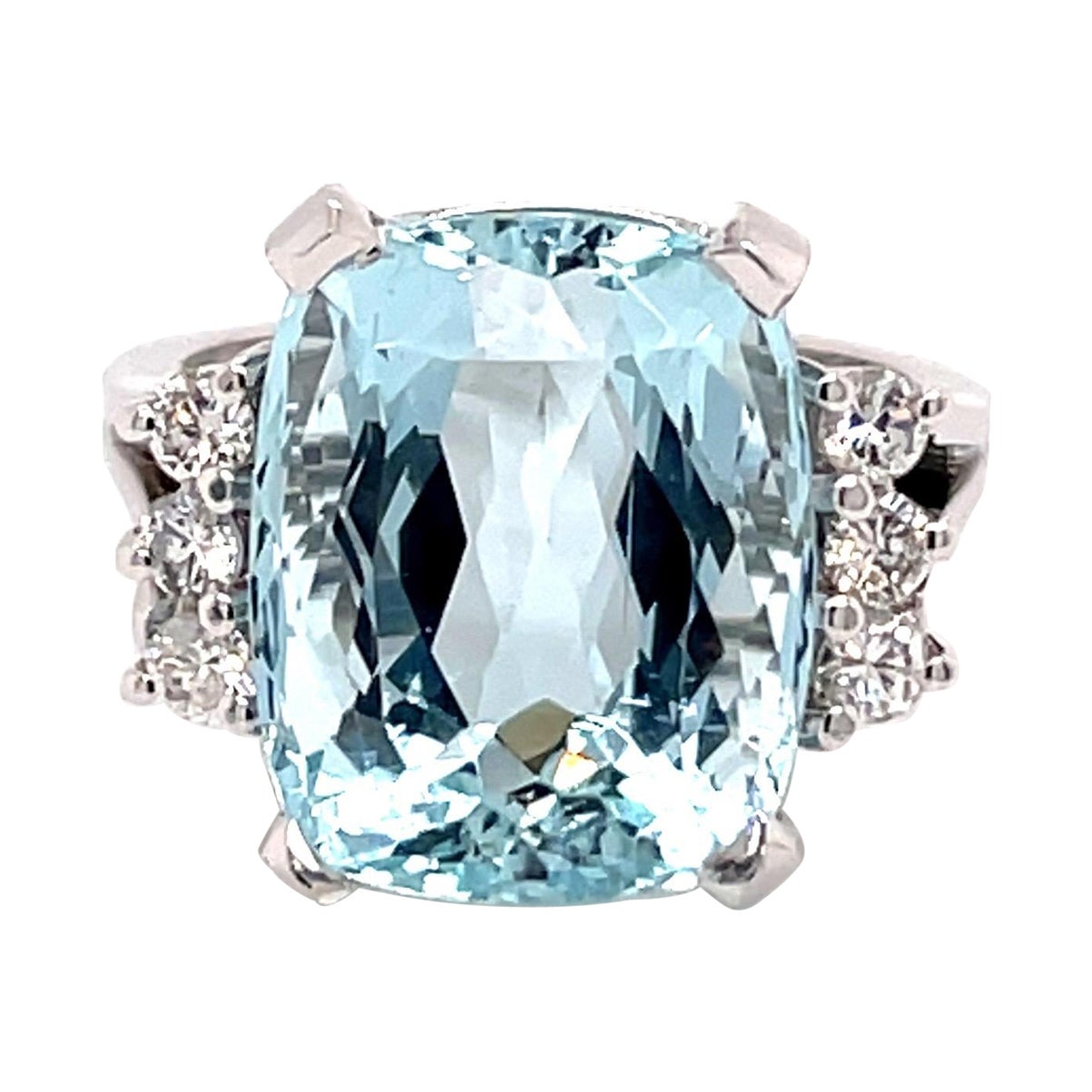 Vintage 1960's 10ct Cushion Cut Aquamarine Ring with Diamonds For Sale