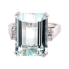 Vintage 1960's 10ct Emerald Cut Aquamarine Ring with Diamonds