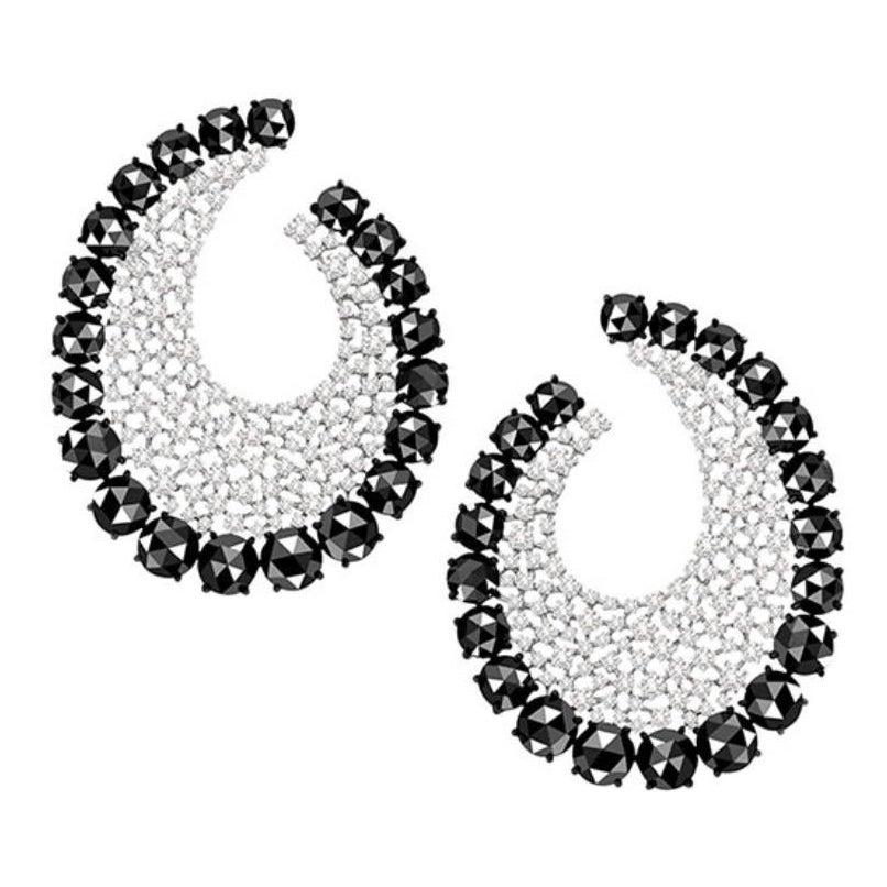 Black and White Diamond Oval Front Facing Hoop Set in 18KT White Gold For Sale