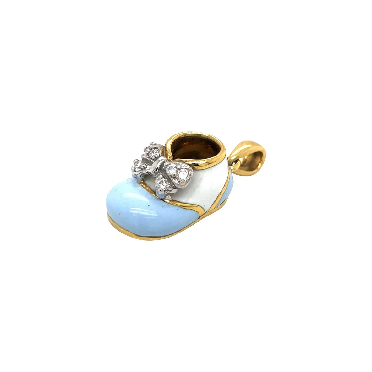 18KT Yellow Gold Baby Shoe Light Blue/White Enamel & 0.12Ct Diamond Bow For Sale