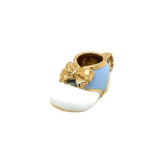 18KT Yellow Gold Baby Shoe with Light Blue/White Enamel & Gold Bow