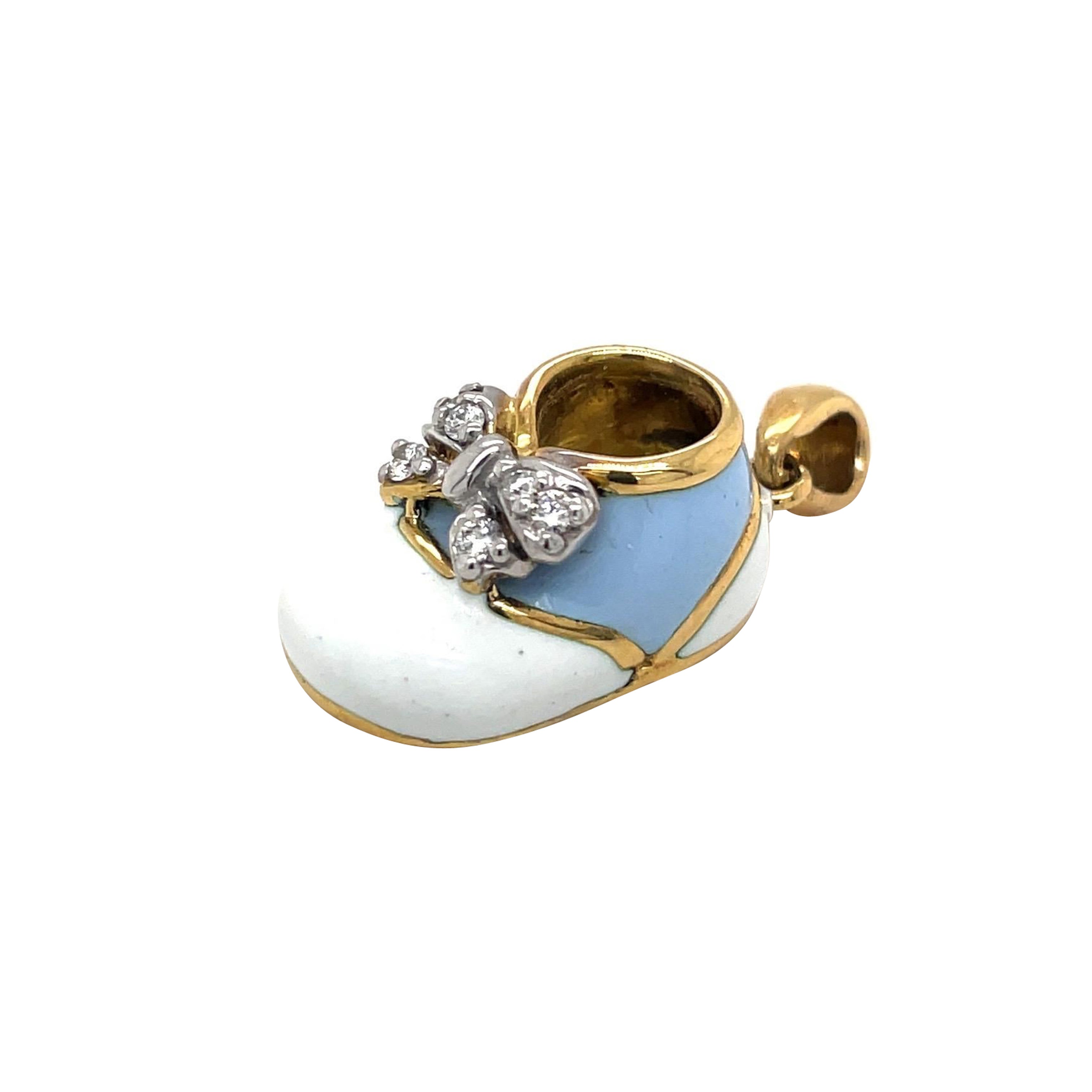 18KT Yellow Gold Baby Shoe White/Light Blue Enamel & 0.12Ct. Diamond Bow For Sale