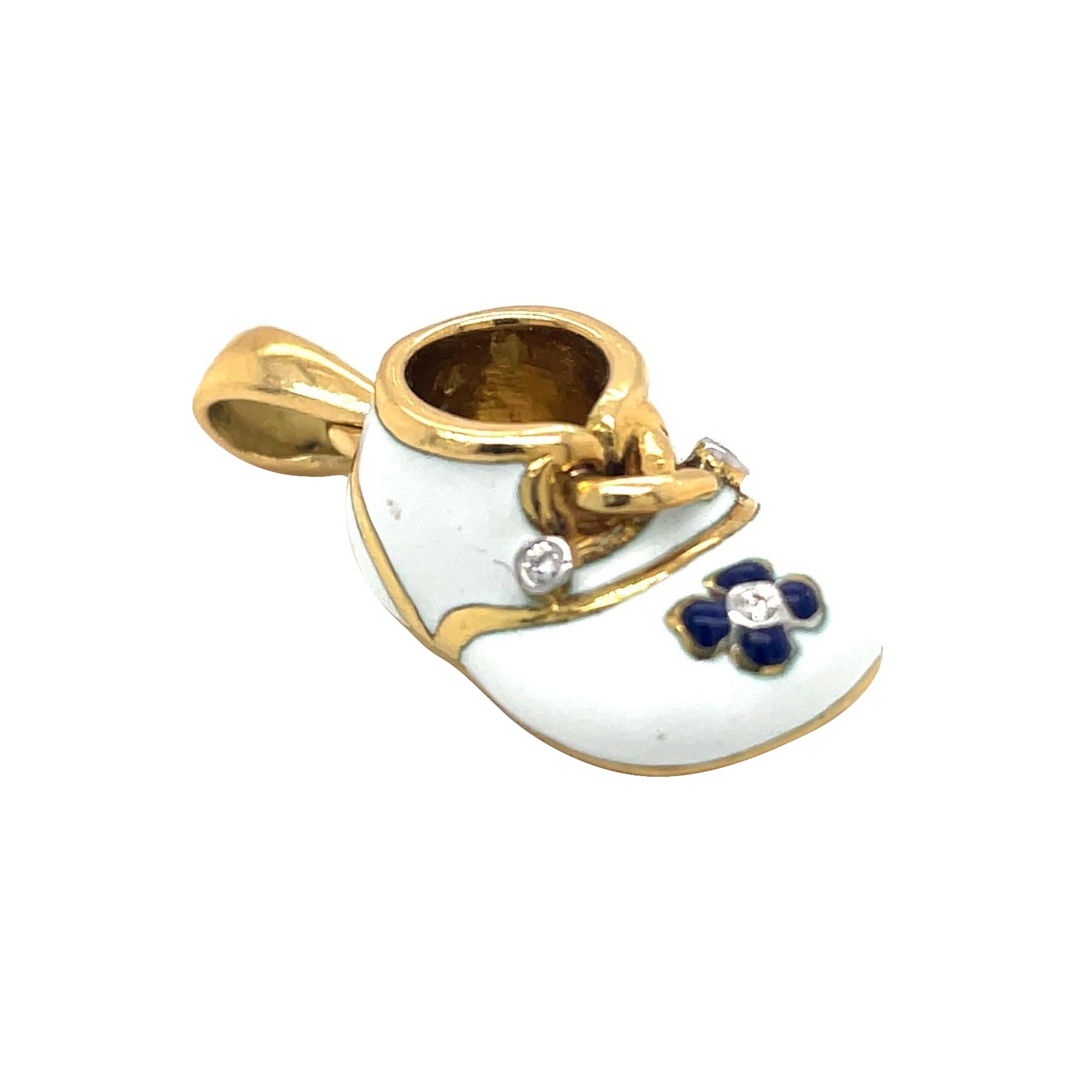 18KT Yellow Gold Baby Shoe White Enamel with Flower & Diamond .04Ct Laces For Sale
