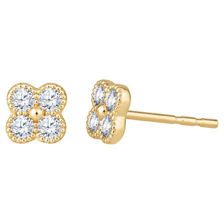 0.34ctw Round Diamond Clover Shaped Stud Earrings, 14 Karat Yellow Gold For Sale
