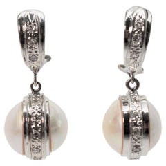 White Gold Mobe Pearl Drop Earrings with Diamond Accents