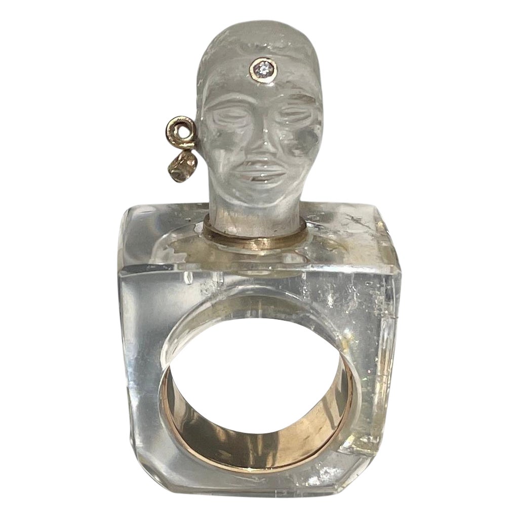 Brooklyamoor Olmec Statue Quartz Crystal, 14K Gold Diamond Ring by L'ENCHANTEUR For Sale