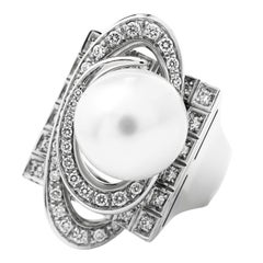 Modern South Sea pearl Diamond Halo 18k White Gold Cocktail Ring