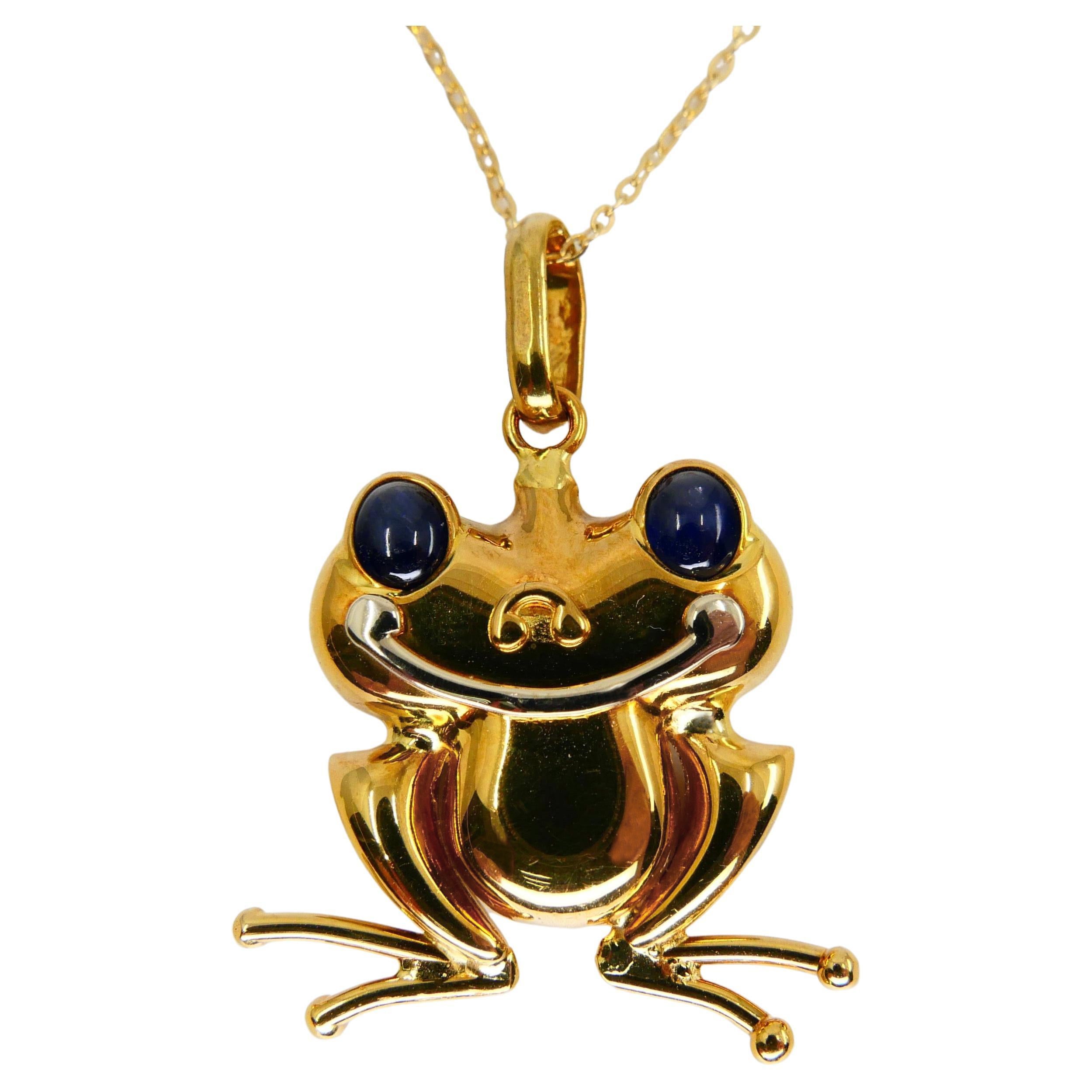 Vintage 18K Yellow Gold and Blue Sapphire Frog Pendant, Also Suitable for Kids