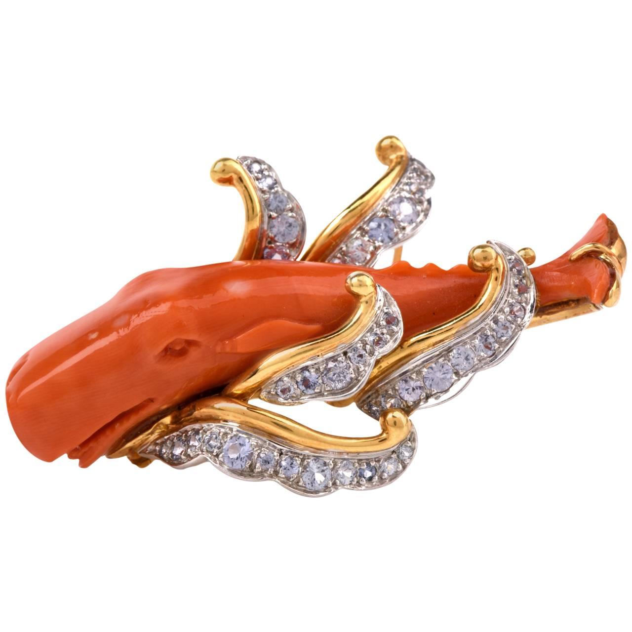 1980 Coral Diamond Gold Whale Pin Brooch