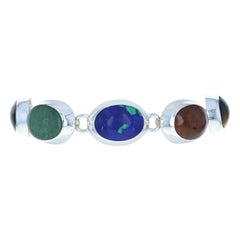 Antique Sterling Sodalite Onyx Quartz Azurite Jasper Turquoise Link Bracelet 925