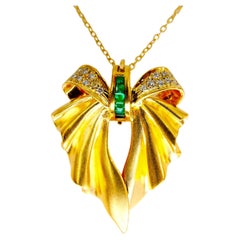 18K Yellow Gold, Emerald and Diamond Brooch Pendant, Two Use