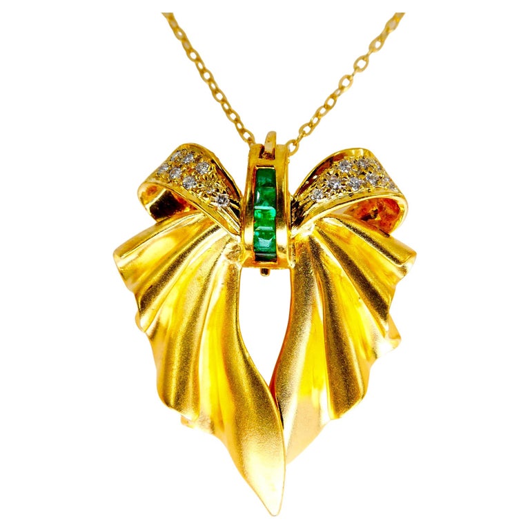 18K Yellow Gold, Emerald and Diamond Brooch Pendant, Two Use For Sale