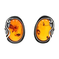 Sterling Silver Amber Leaf Large Stud Earrings, 925 Oval Cabochon Cut Pierced