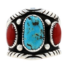 Native American Turquoise & Coral Ring, Sterling 925 Signed SMT Unisex