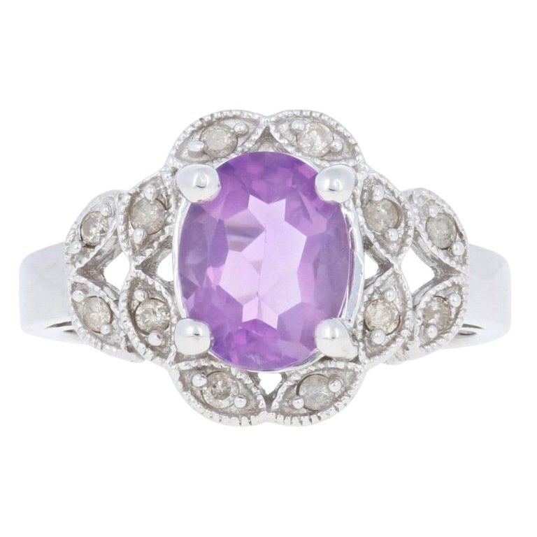 New 1.88ctw Oval Cut Rose de France Amethyst & Diamond Ring 14k White Gold Halo For Sale