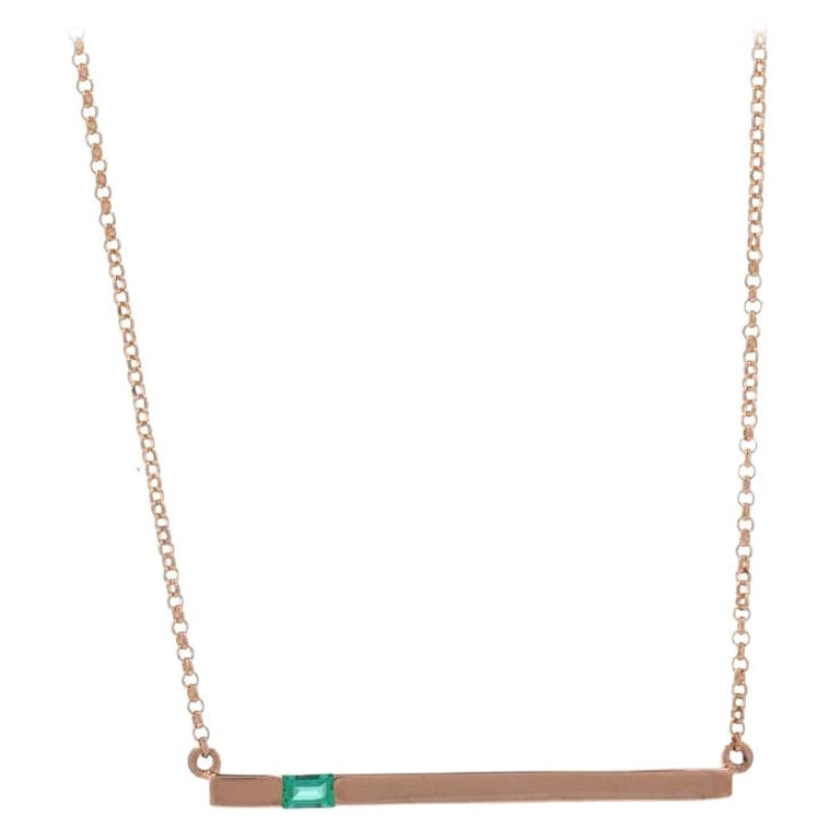 New Synthetic Emerald Bar Necklace, 10k Rose Gold Rolo Chain For Sale