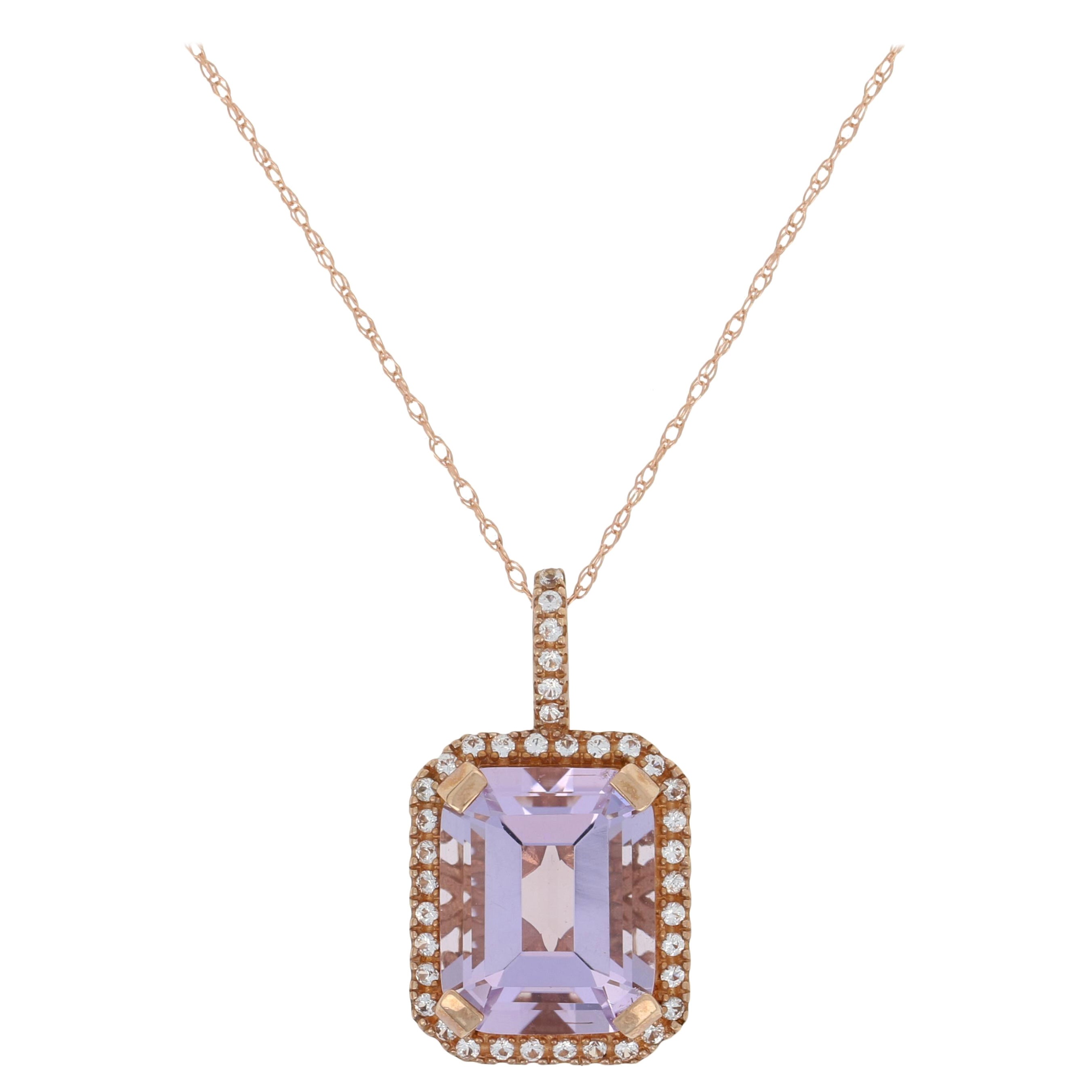 New 4.90ctw Amethyst & White Topaz Pendant Necklace, 10k Rose Gold Halo For Sale