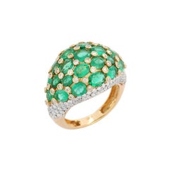 18kt Solid Yellow Gold Emerald Diamond Cocktail Ring, Emerald Dome Ring 