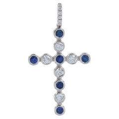 New Sapphire & Diamond Cross Pendant, 18k White Gold Faith 1.13ctw