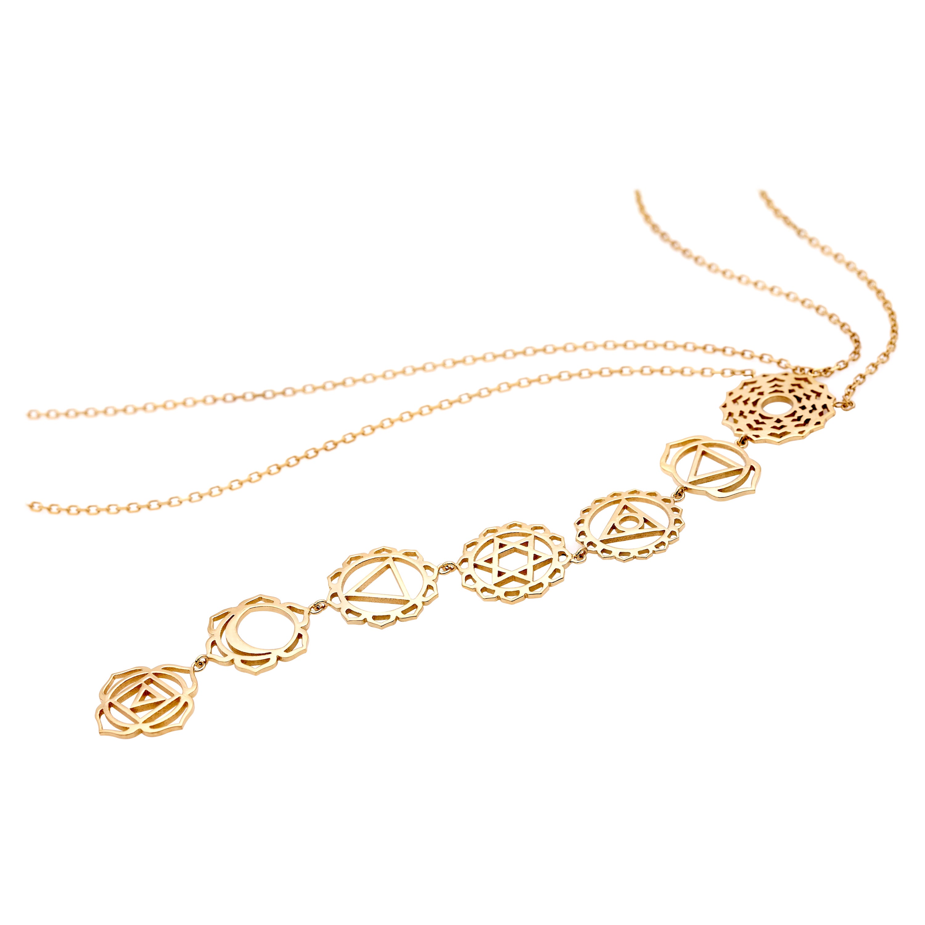 Collier artisanal à sept chakras en or 14 carats et double chaîne