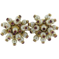 1940s Whimsical Retro Pearl Ruby Gold Movable Earrings 1940s Whimsical Retro Pearl Ruby Gold Movable Earrings