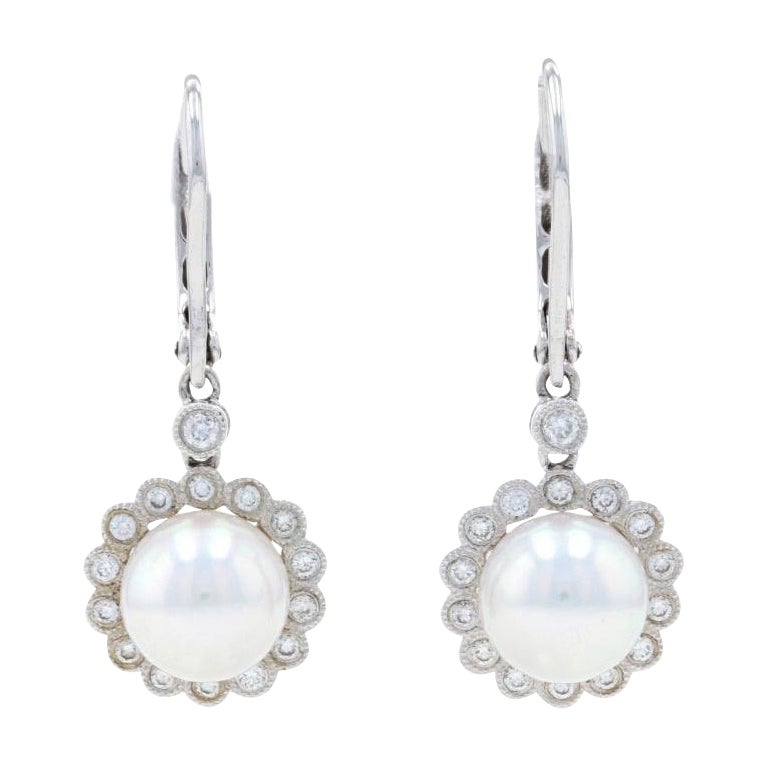 New Akoya Pearl & Diamond Halo Earrings, 14k White Gold Drop Pierced .22ctw