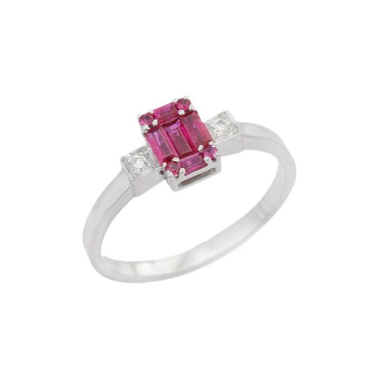 Cluster Ruby and Diamond Ring in 18k Solid White Gold For Sale