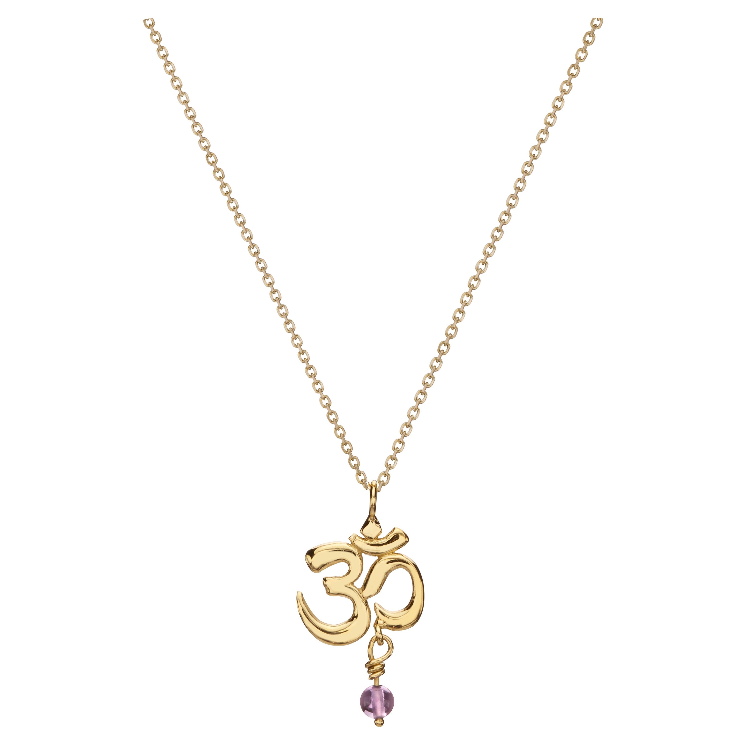 Collier pendentif artisanal en or 14 carats avec symbole Om et améthyste
