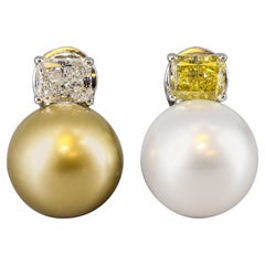 Impressive Fancy Vivid Yellow South Sea Pearl Diamond Platinum Earrings